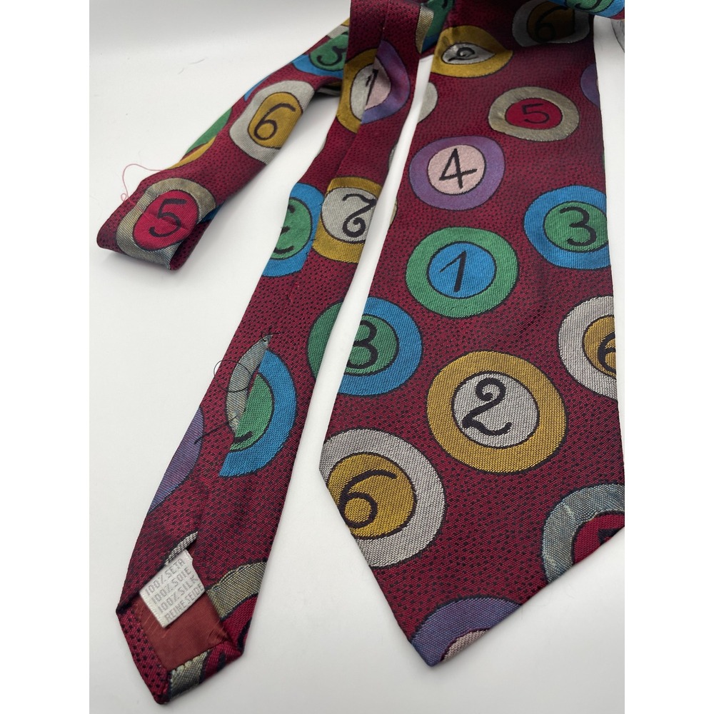 Moschino Vintage Silk Tie Burgundy Red Billiard Pool Ball Numbered Italy 3.75in